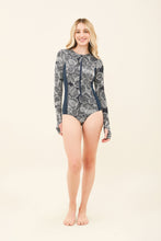 Load image into Gallery viewer, Model Front: Uv Line One-Piece Swimsuit Macae Dahlia Navy Blue Upf50+