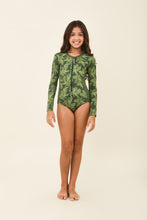Load image into Gallery viewer, Model Front: Uv Line Girl's One-Piece Girl Macae Folhagem Verde Upf50+