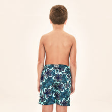 Load image into Gallery viewer, Model Back: Uv Line Boy's Swimwear Shorts Aqua Hibiscus Kids Upf50+