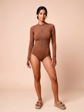 Load image into Gallery viewer, Gallery: Uv Line One-Piece Long Sleeve Swimsuit Macae Brown Upf50+
