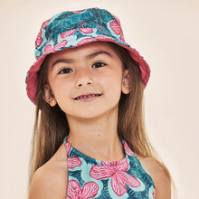 Load image into Gallery viewer, Model Front: Uv Line Bucket Hat Napoli Kids Hibiscus Upf50+
