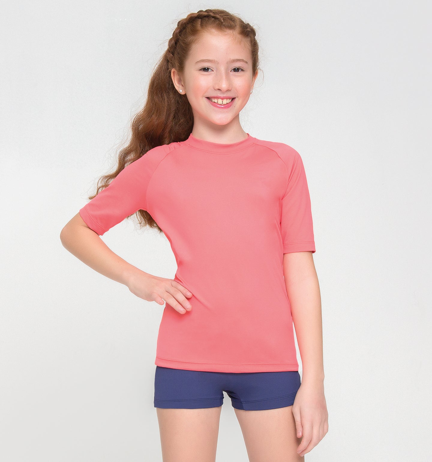 Model Front: Uv Line Rash Guard Kids Fpu50+ Uvpro Short Sleeve T-Shirt Coral Uv