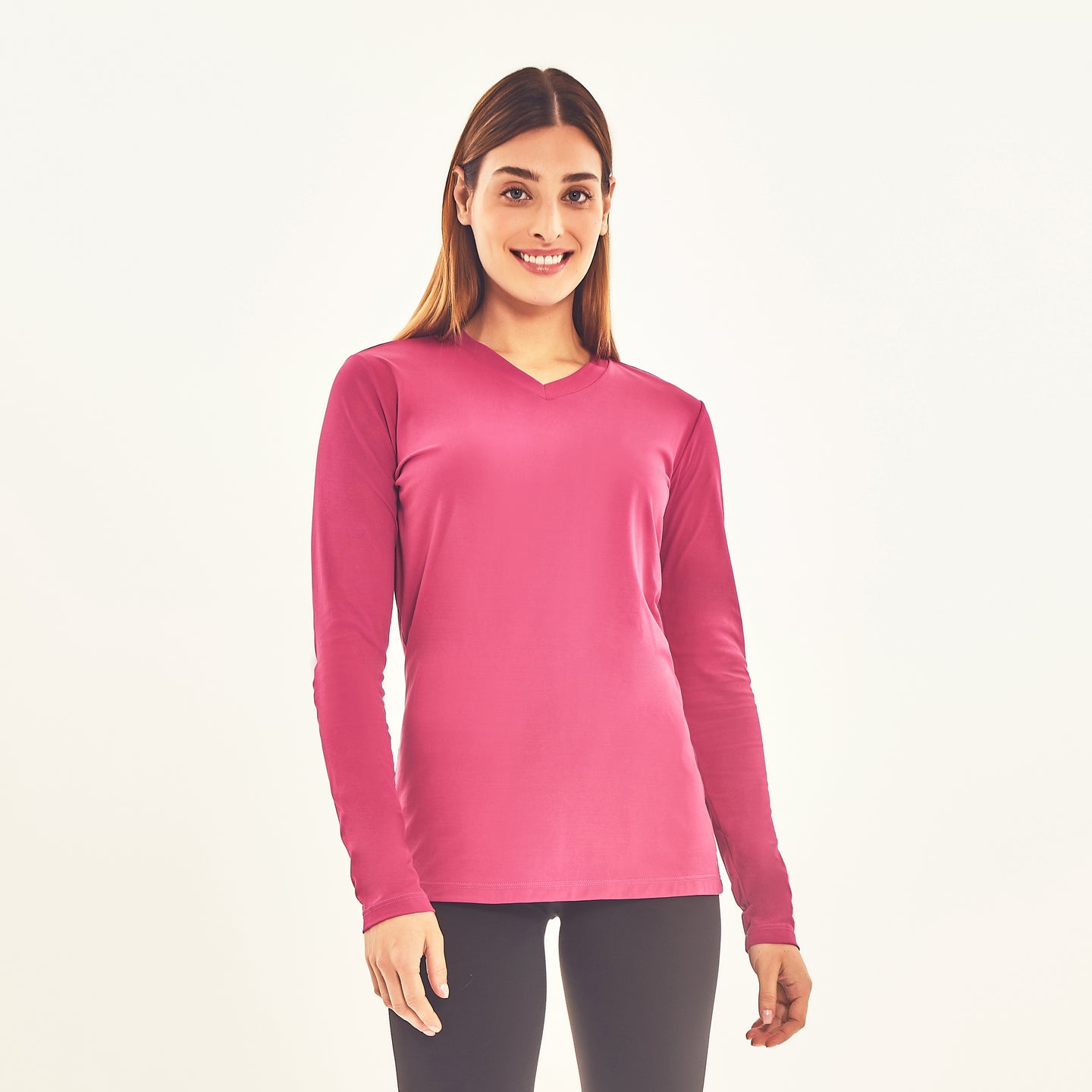 Model Front: Uv Line Rash Guard Longsleeve Sport Fit Fuchsia Upf50+